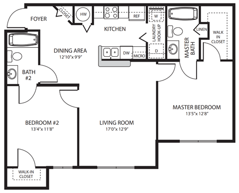 Floor plan for 2 beds, 2 baths, 943 sqft